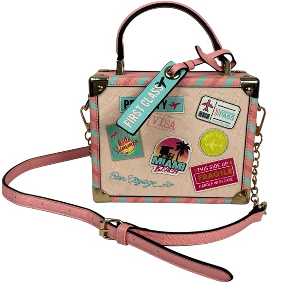 Aldo Pink Bon Voyage Travel Themed Clasp Close Suitcase Luggage Crossbody Purse - Picture 16 of 16